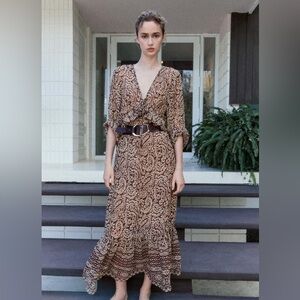 ZARA NWT FRILL PRINTED FABRIC MIDI DRESS RUFFLE BOHO TIER SIZE S, 3564/054